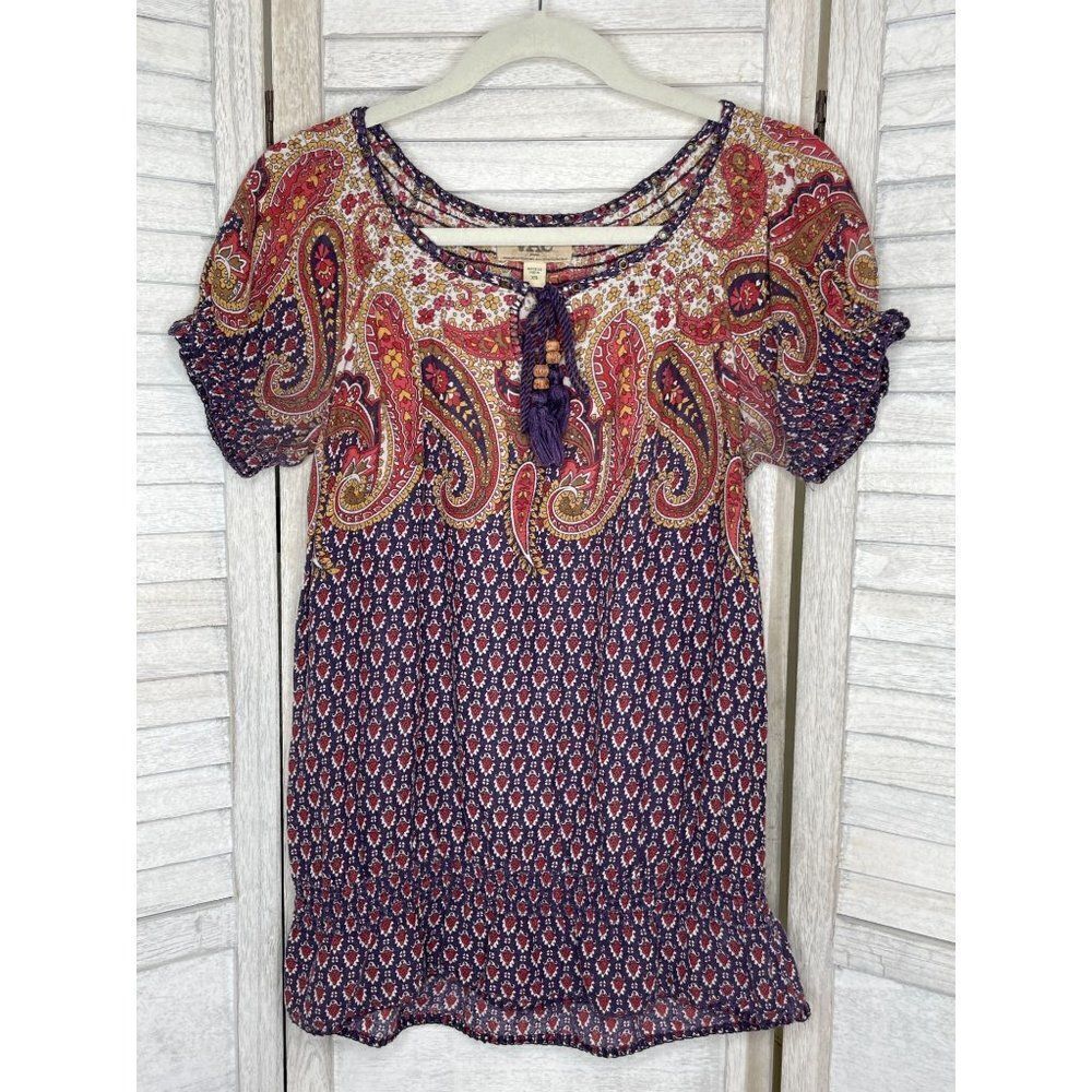 Vintage Nine West VAC Floral Paisley Short Sleeve Peasant Top Size XS